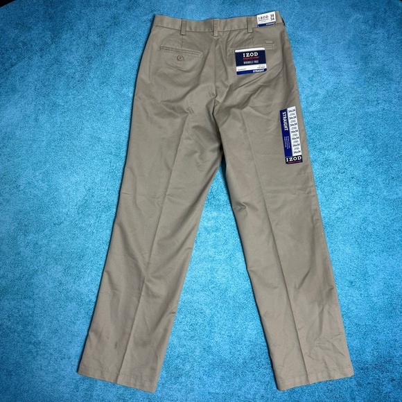 IZOD American Chino Pants Tan 34x34 Flat Front Straight Fit Wrinkle Free NWT - Picture 8 of 16